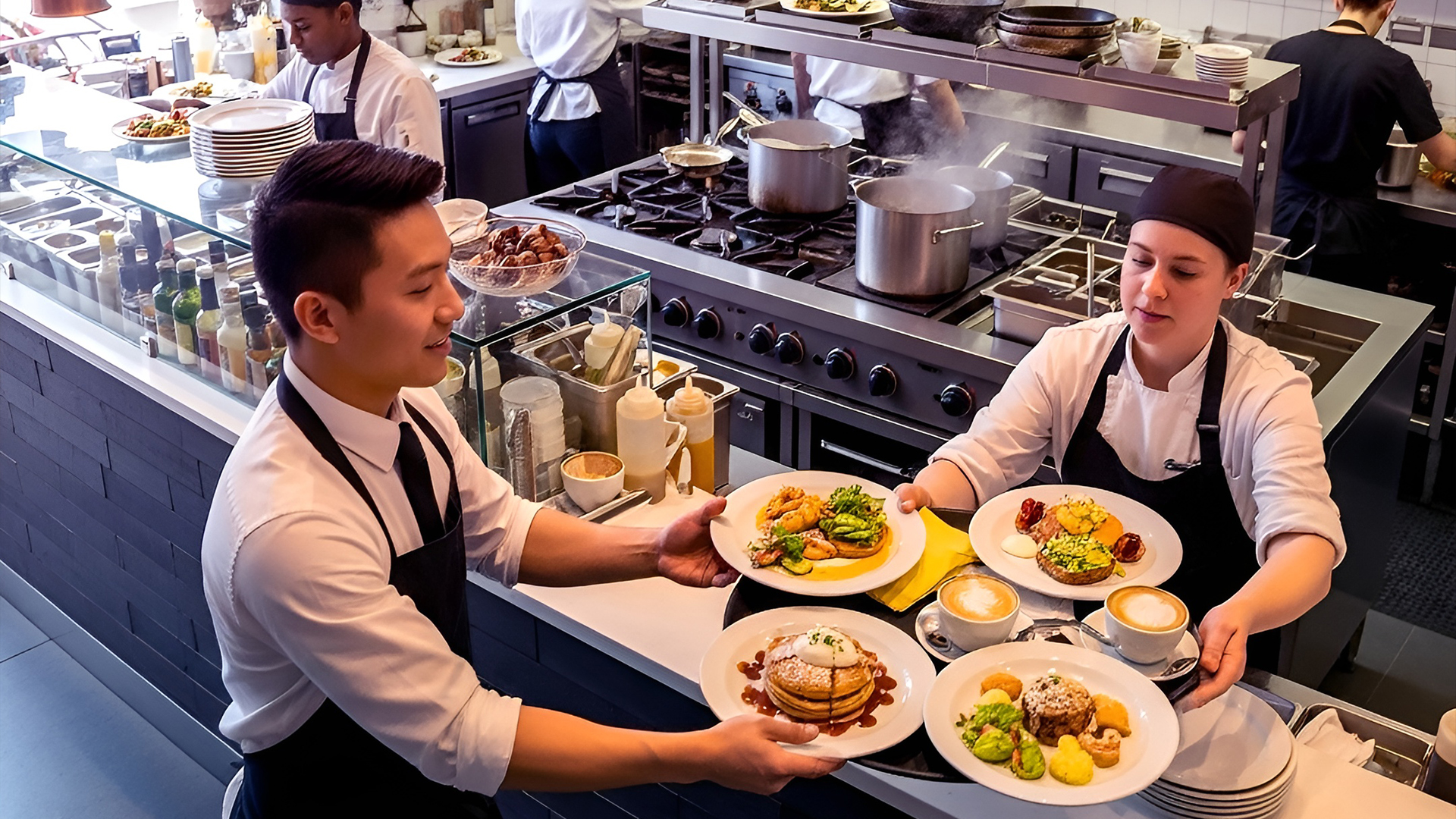 A waiter taking newly prepared food in a busy cafe